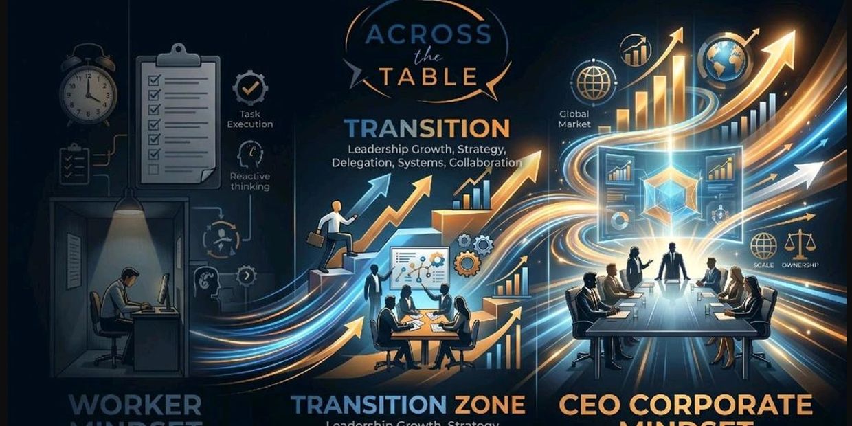 Illustration of career transition from worker to CEO mindset with leadership growth and strategy.
