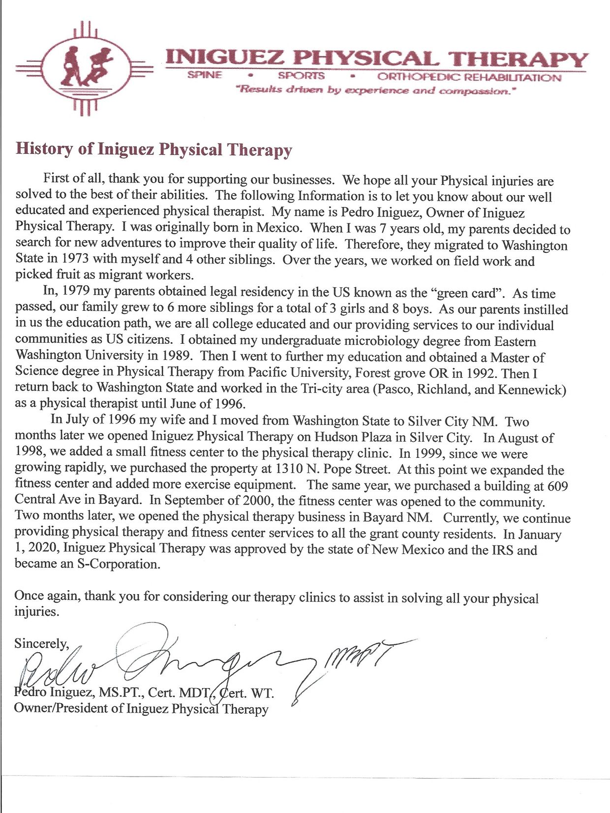 History and growth of Iniguez Physical Therapy by owner Pedro Iniguez.