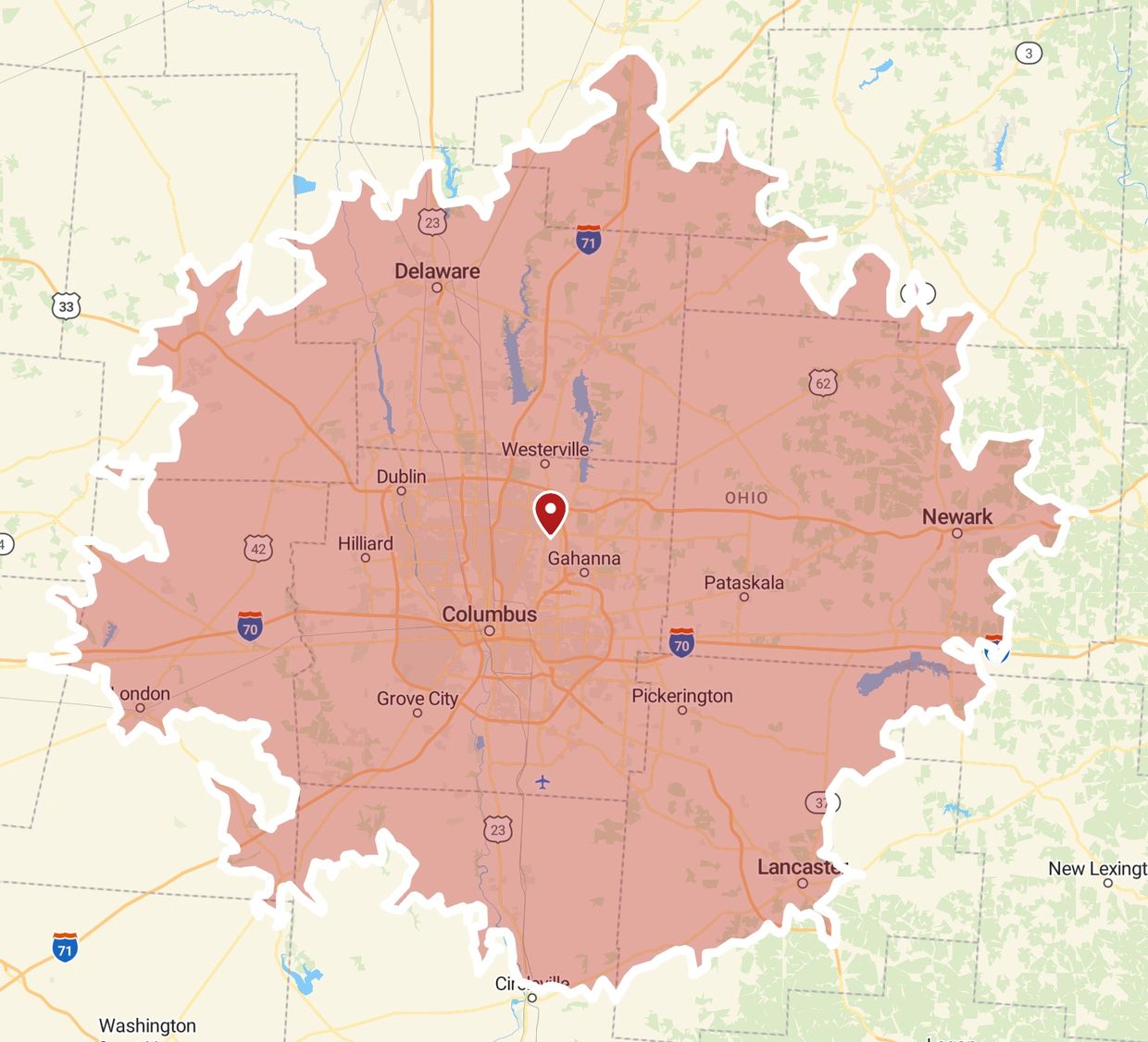 Map highlighting an area around Columbus, Ohio, marked with a red pin on Gahanna.