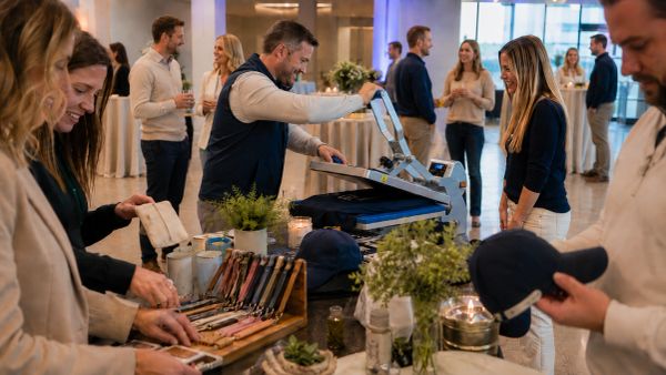 People shopping at a vendor booth indoors.