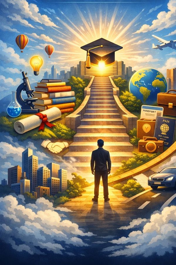 A man stands before a glowing graduation cap atop stairs symbolizing education and success.