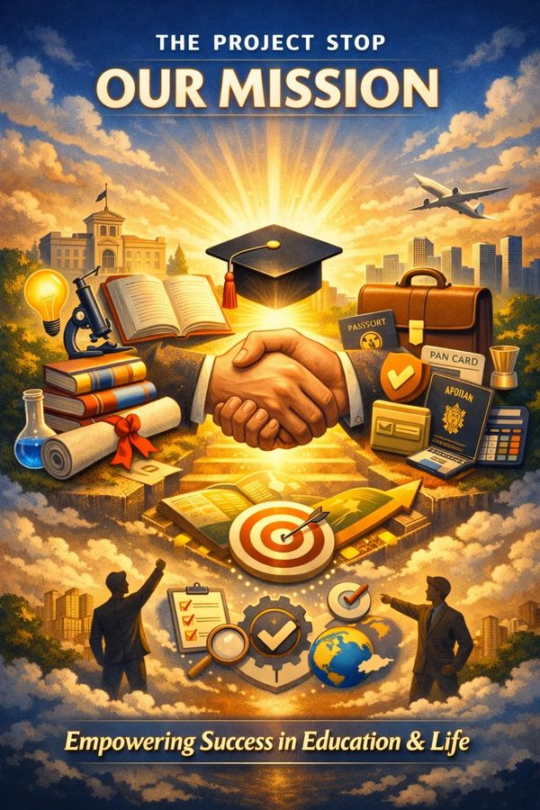 Illustration showing handshake, education symbols, and mission statement for success.