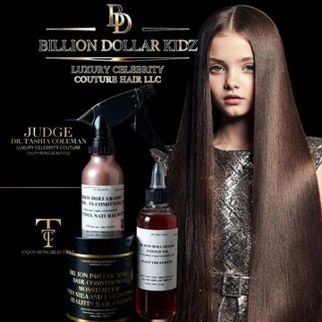 Young girl with sleek, long hair showcasing luxury hair care products.