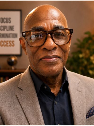 Smiling elderly man wearing glasses and a beige suit.