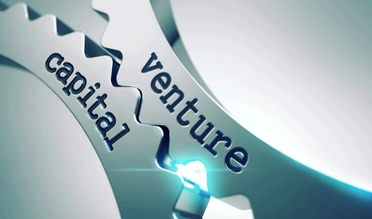 Metal gears interlocking with the words 'venture capital'.