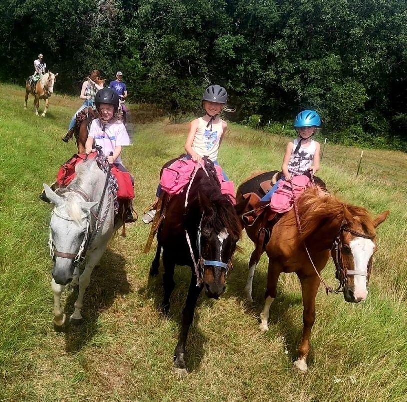 Chisholm Trail Rides A group of people horseback riding through a lush, green forest