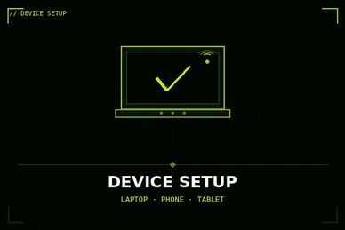 Device setup screen with laptop illustration and checklist.