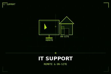 Minimalist IT support graphic showing remote and on-site icons.
