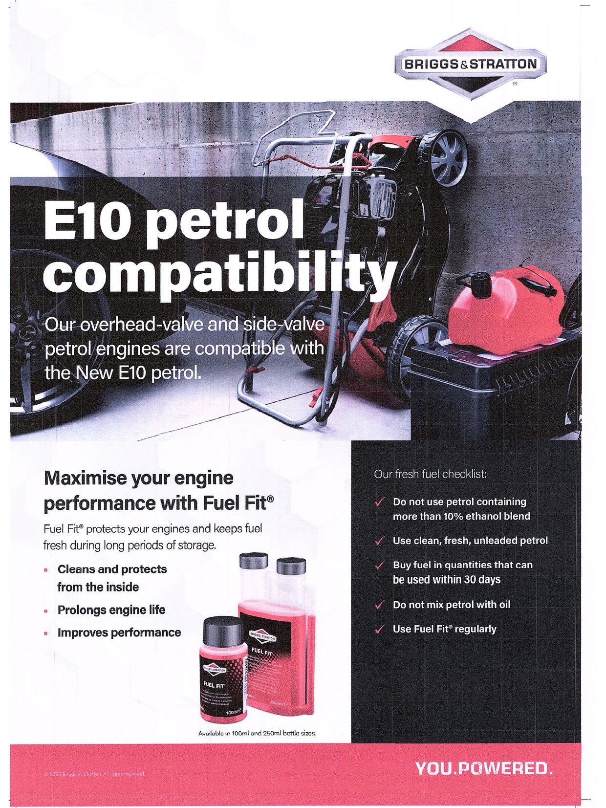 Briggs & Stratton promotes E10 petrol compatibility and Fuel Fit® for engine care.