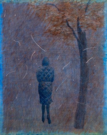 Mimi Ding, Woman walking in snow, 2022, Egg tempera on paper