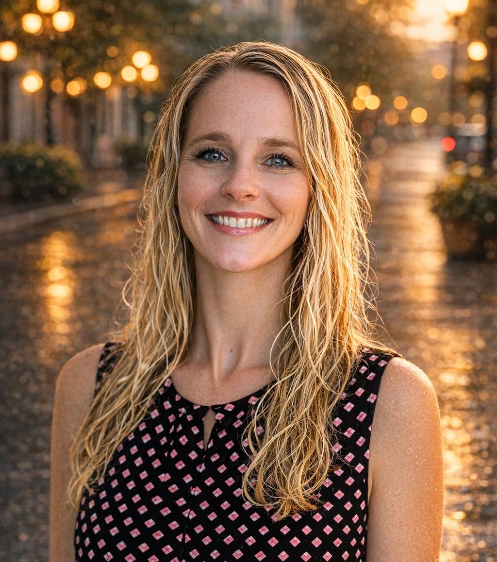 Smiling woman with wet blonde hair in a patterned dress outdoors at sunset.