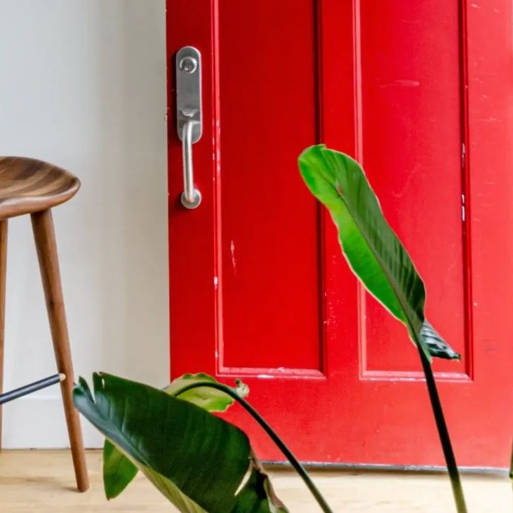 red front door open on a tan wall - a plant leaf is in front of the door and a stool is near the doo