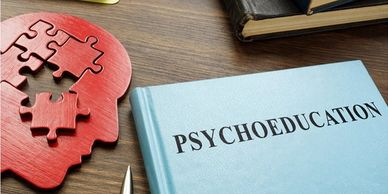 red human head puzzle next to blue book about psychoeducation