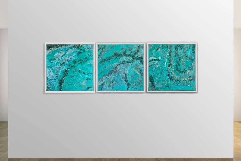 SOLD -Ocean 3- go with the flow

Triptych: each piece 24.5 x 24.5 -Gems and Crystals on wood


