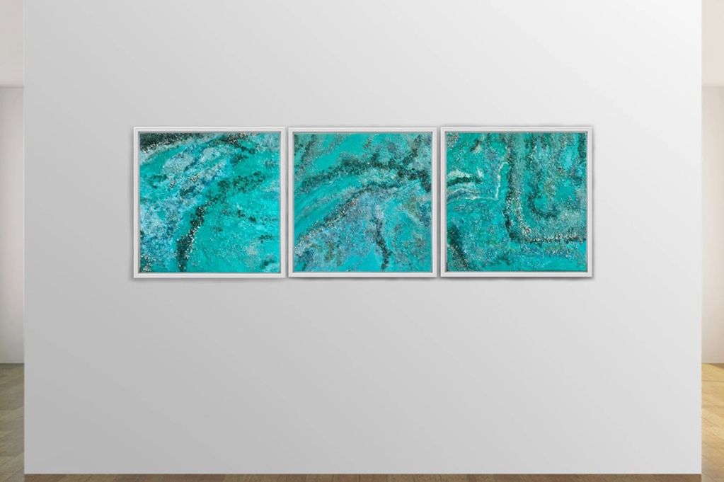 SOLD -Ocean 3- go with the flow
Triptych: each piece 24.5 x 24.5 -Gems and Crystals on wood