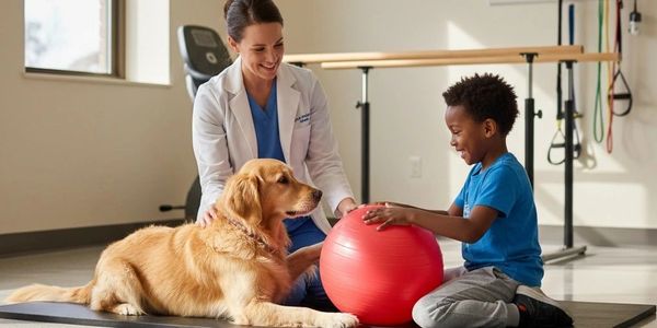 Child and therapist with a dog and exercise ball in a therapy room.