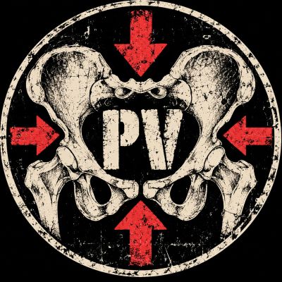Grunge-style skull and bone illustration with PV letters and red arrows.