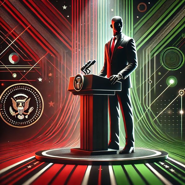 A faceless figure in a suit stands at a podium with patriotic colors and symbols.