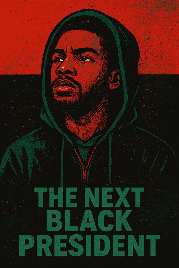Illustration of a determined Black man in a hoodie with bold text declaring him the next Black president.