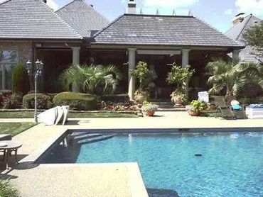 A backyard with a swimming pool and a house surrounded by plants.