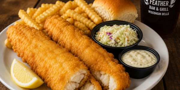 Fried fish meal with fries, coleslaw, tartar sauce, roll, and lemon wedge.