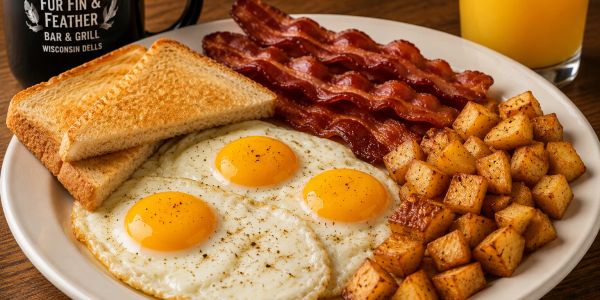 Classic American breakfast with eggs, bacon, toast, potatoes, coffee, and orange juice.