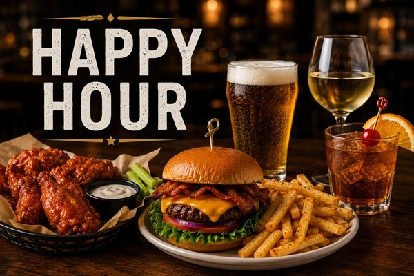 Happy hour feast with burger, fries, wings, and drinks.