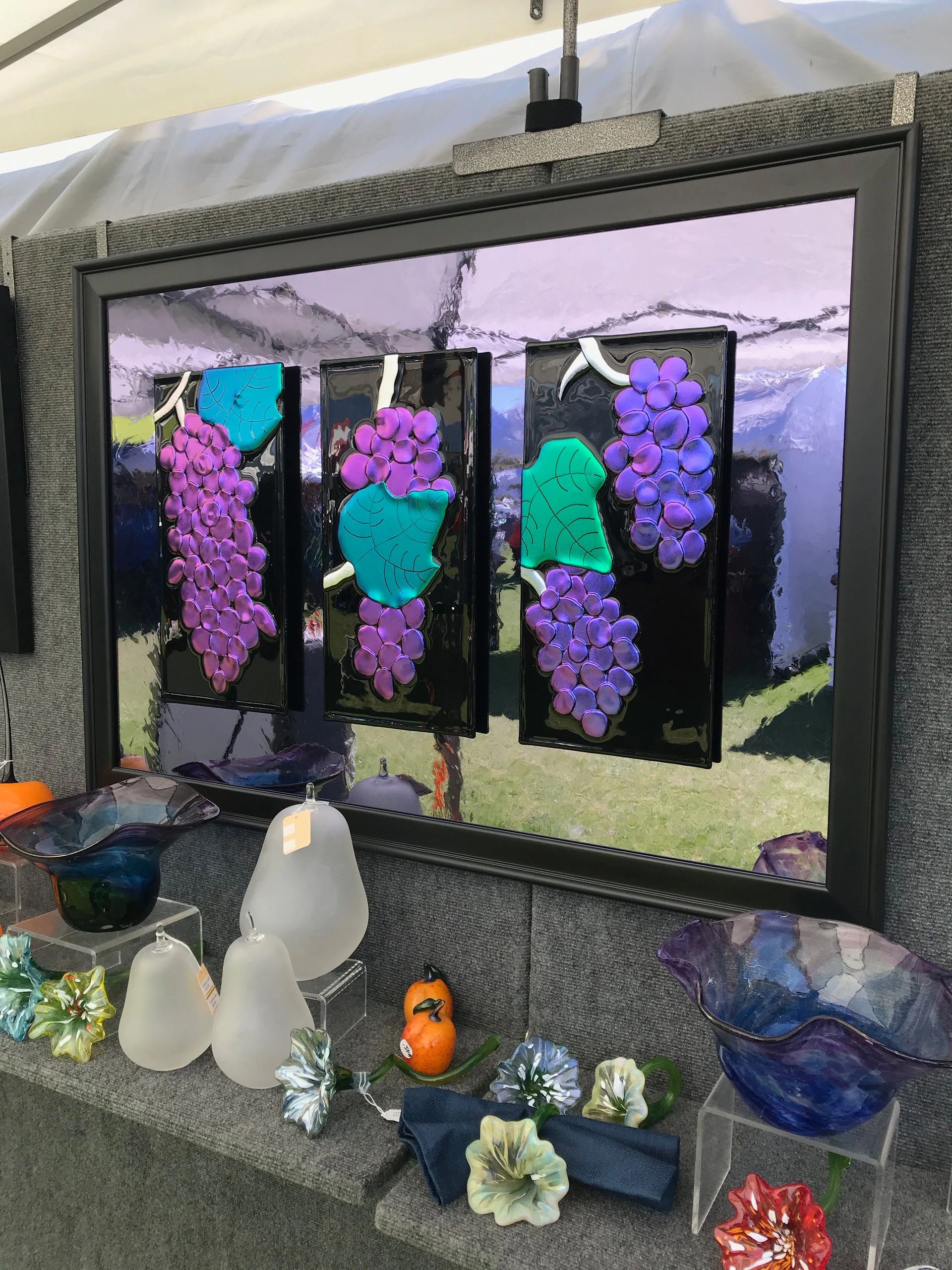 Grape Trio is 3 individual panels of purple, green and silver dichroic glass.  Approx. 36"x24"
