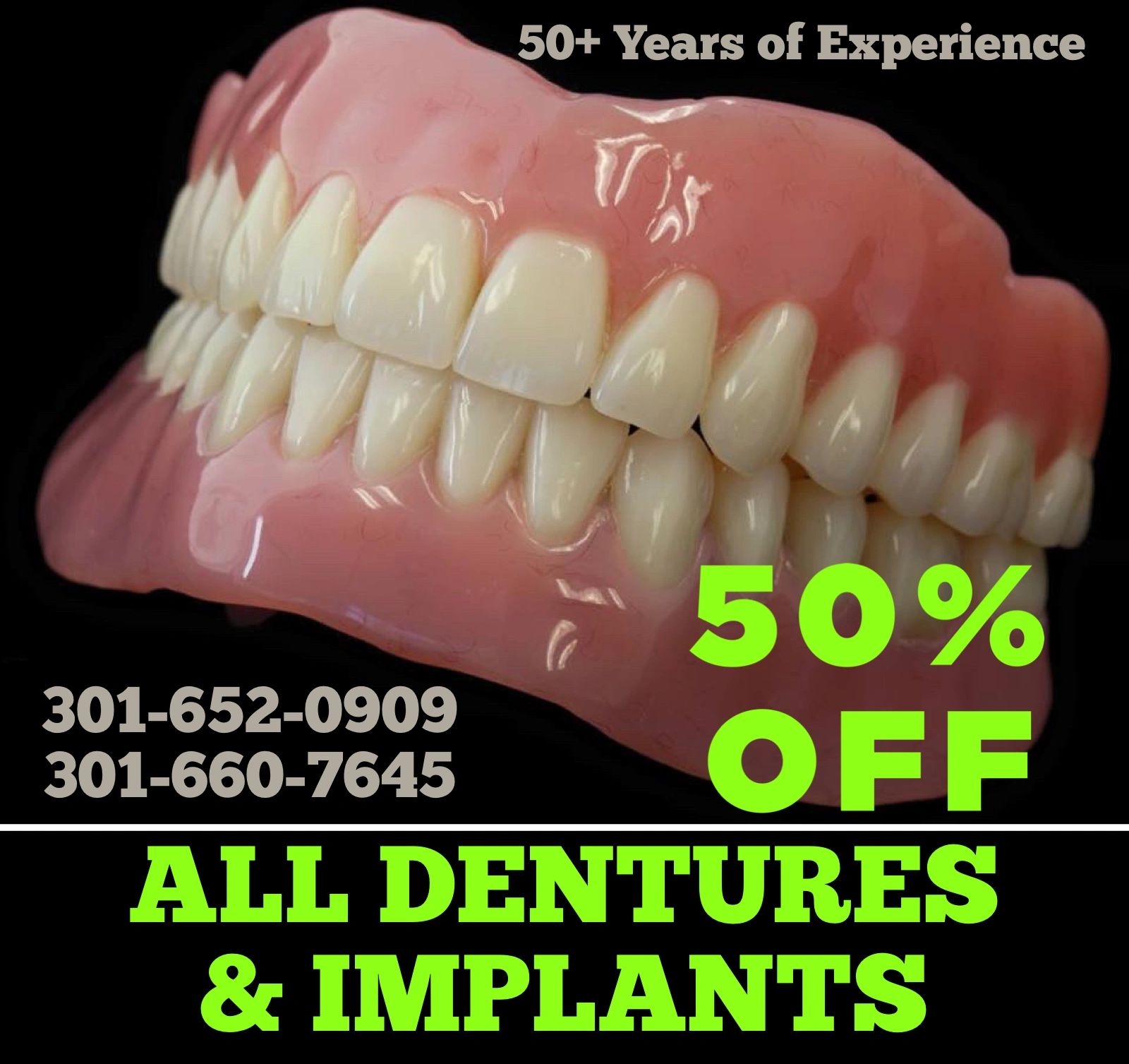 Dentures and dental implants on sale poster at Armani Dentures Chevy Chase Dental Inc