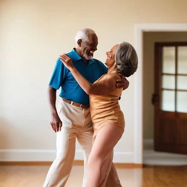 Elderly couple dancing joyfully indoors.