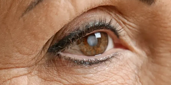 Close-up of a brown eye with visible wrinkles and eyeliner.