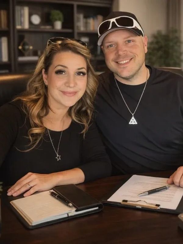 Smiling couple sitting at a desk with documents and pens.