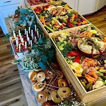 Elongated food platter with dips.