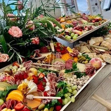Close-up of food and flowers.