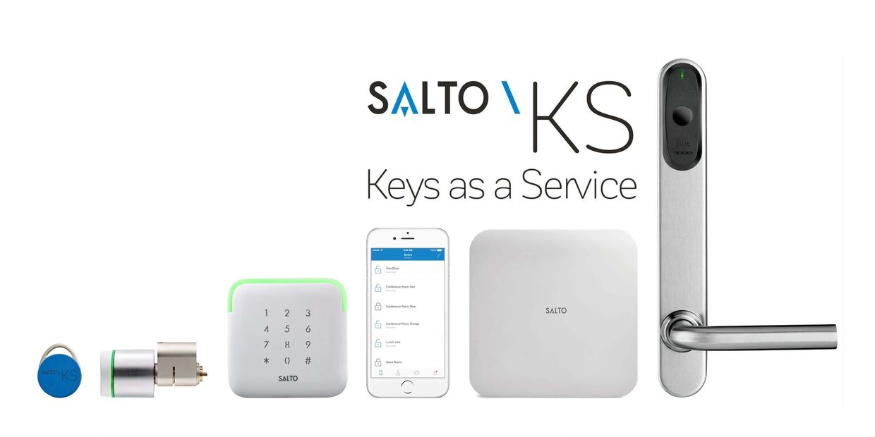 SALTO KS smart lock system with keys as a service concept and mobile app control.