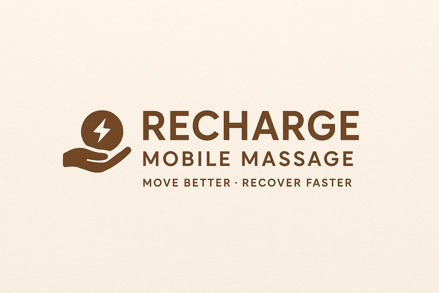 Logo for Recharge Mobile Massage with a hand and lightning bolt symbol.