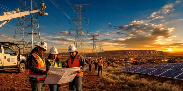Workers review plans near power lines and solar panels at sunset.