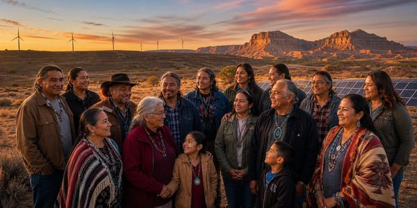 A group of Indigenous people gather outdoors with wind turbines, solar panels, and scenic cliffs at sunset.