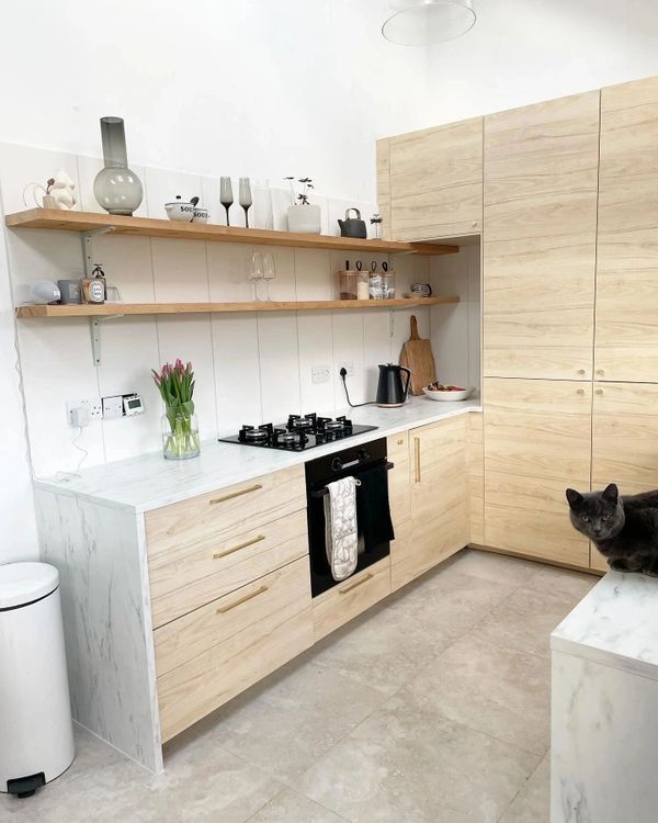 Modern kitchen with light wood cabinets, marble countertops, and a curious cat.