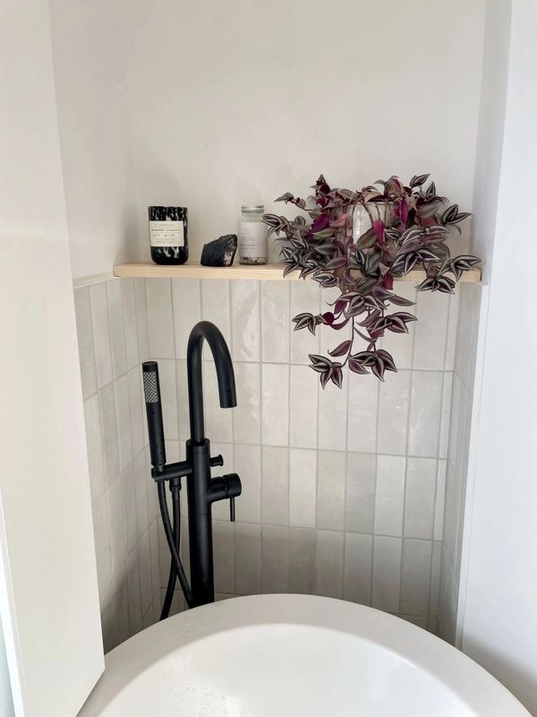 Modern bathroom with black faucet and hanging purple plant on wooden shelf.