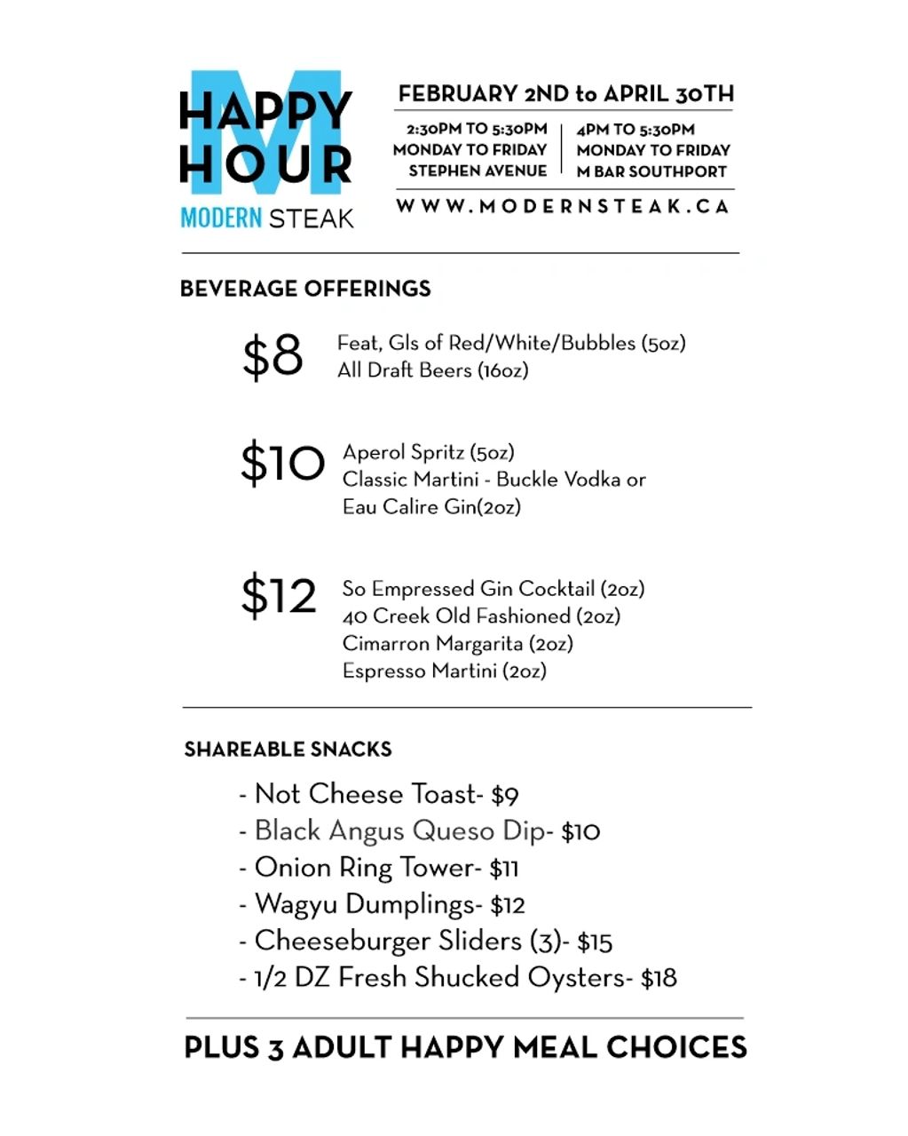 Modern Steak happy hour menu with drinks and snacks from February 2 to April 30.