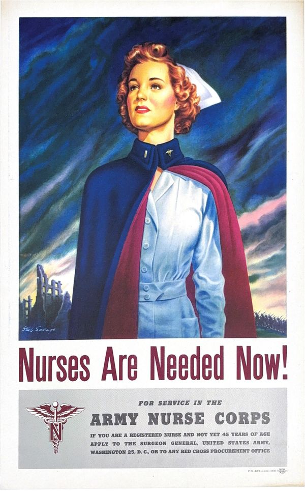 Vintage World War II poster recruiting nurses for the Army Nurse Corps.