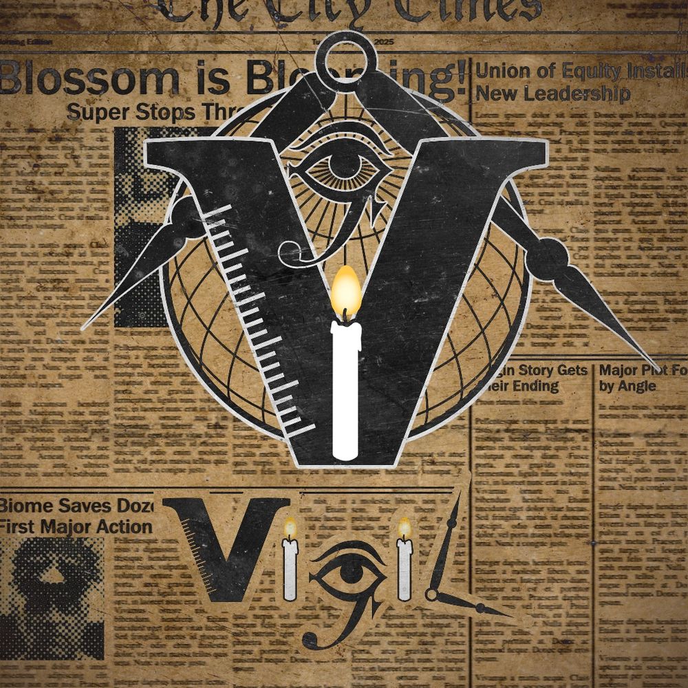 The Vigil logo and the show title in images on a faded newspaper background. 