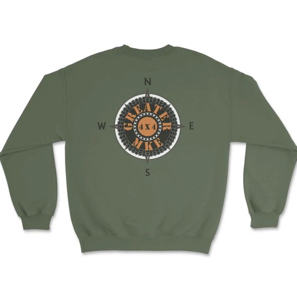 Green sweatshirt with Greater MKE 4x4 logo sold at Goat's Trail