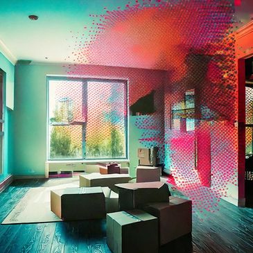 Modern room with abstract colorful wall art and cube seating.