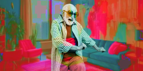 Elderly man joyfully dancing in a stylish living room.