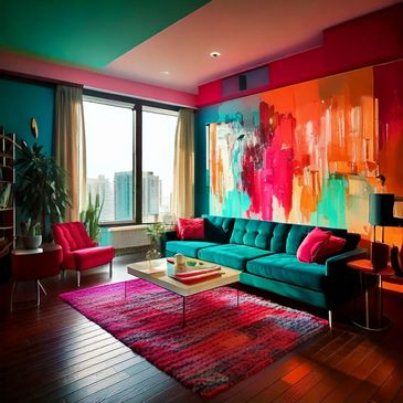 Vibrant living room with teal sofa, pink armchair, and colorful abstract wall art.