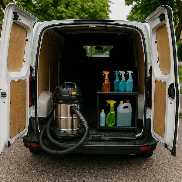 Open van with cleaning supplies and a vacuum cleaner inside.