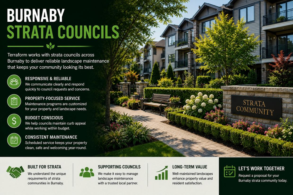 Professional landscape maintenance for Burnaby strata councils and multi-family communities.