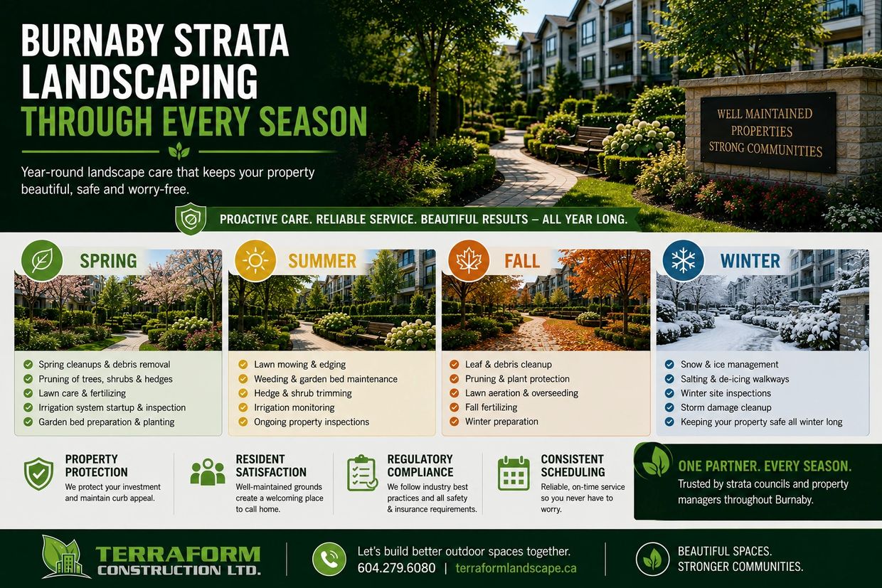 Year-round Burnaby strata landscaping with seasonal landscape maintenance for spring, summer, fall a
